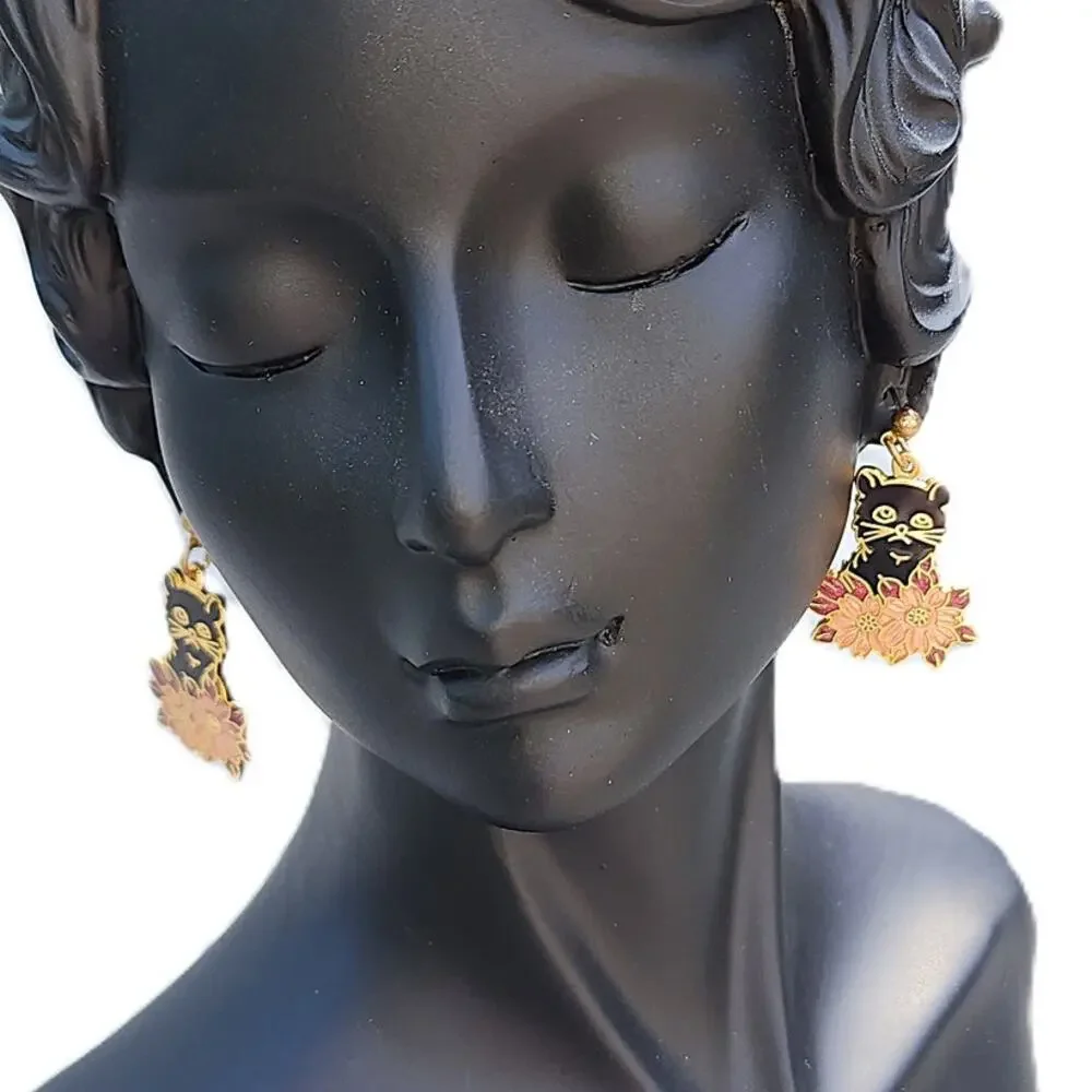 Cloisonne Gold Tone Black Cat Floral Enamel Pierced Dangle Earrings